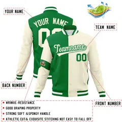 Kelly Green Cream Two Tone Split Letterman Full-Snap Jacket 4