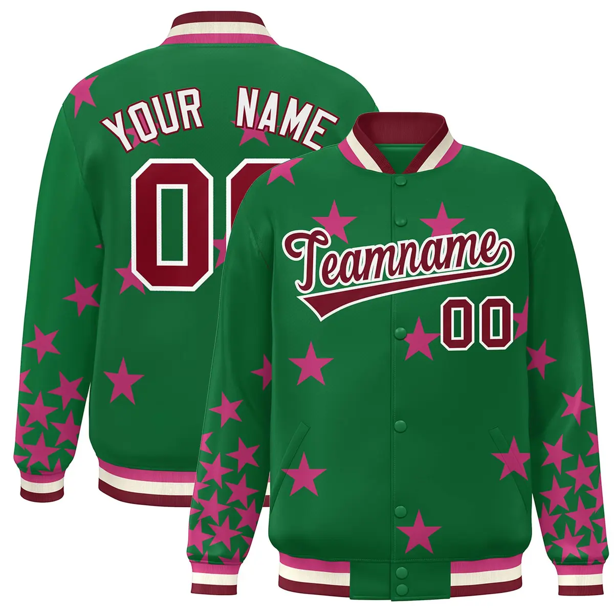 Kelly Green Crimson-White Star Graffiti Varsity Full-Snap Bomber Jacket