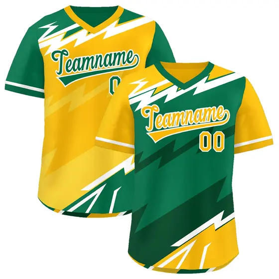Kelly Green Dark Green Yellow Reversible Baseball Jersey Lightning & Graffiti Pullover V-Neck