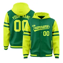 Kelly Green Fluorescent Green Raglan Three Stripes Varsity Full-Snap Letterman Jacket Hoodie 1