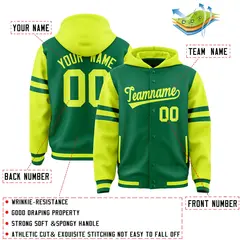 Kelly Green Fluorescent Green Raglan Three Stripes Varsity Full-Snap Letterman Jacket Hoodie 4