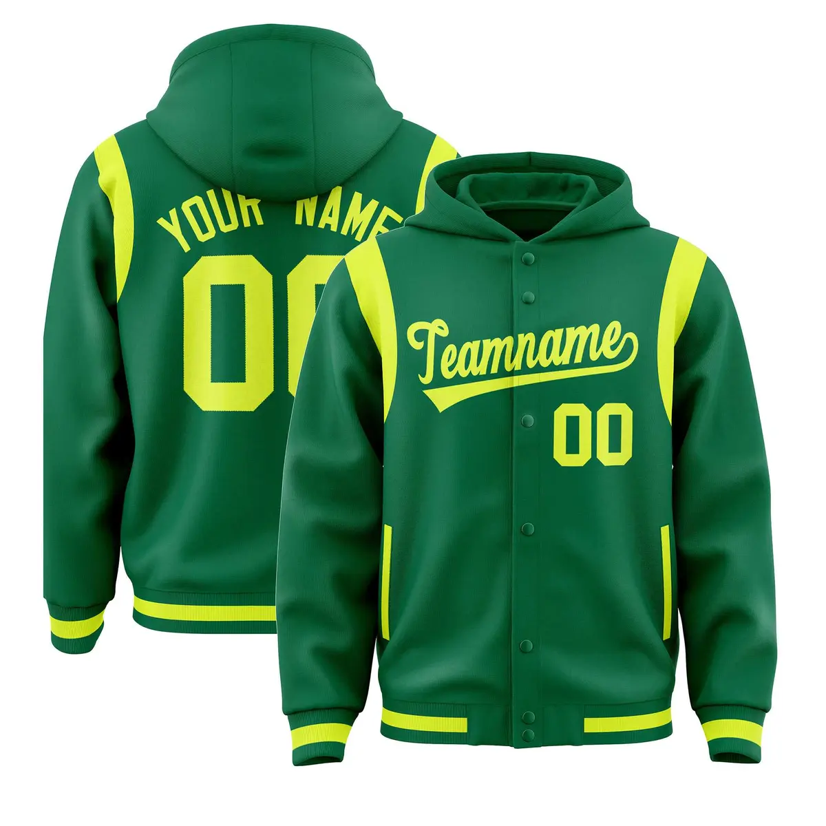 Kelly Green Fluorescent Green Varsity Letterman Color Block Hoodie Jacket