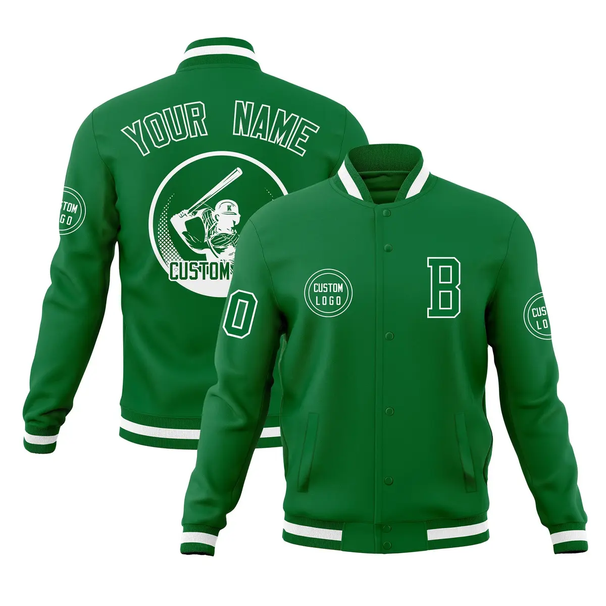 Kelly Green Full-Snap Varsity Letterman Baseball Jacket