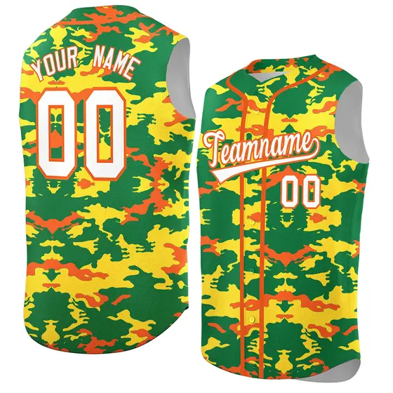 Kelly Green Gold and Orange Camo Sleeveless Baseball Jersey