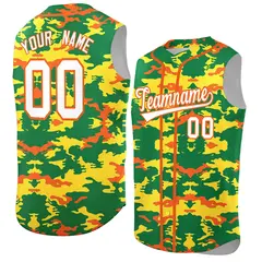 Kelly Green Gold and Orange Camo Sleeveless Baseball Jersey 1