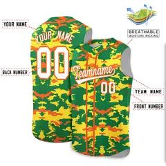 Kelly Green Gold and Orange Camo Sleeveless Baseball Jersey 2