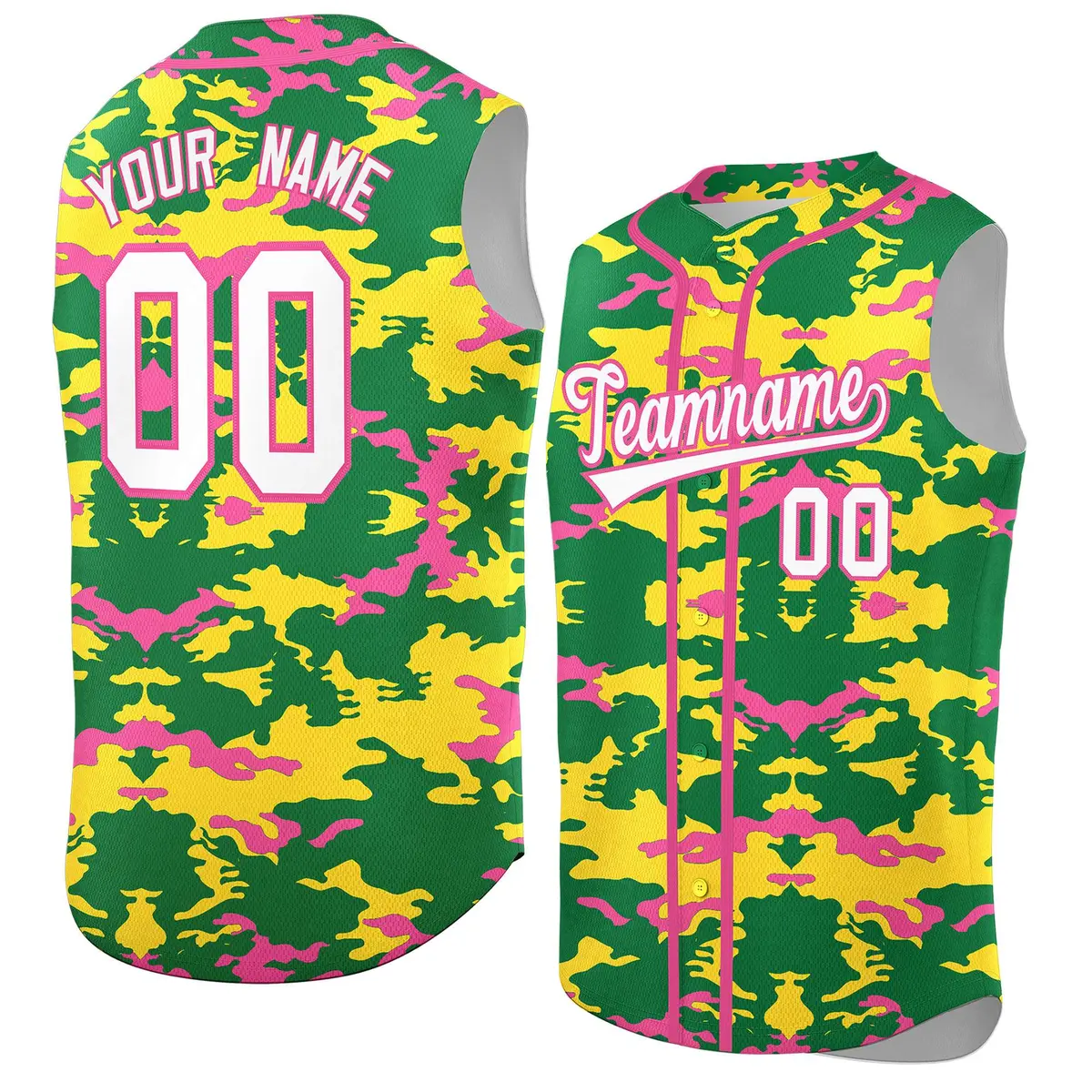 Kelly Green Gold and Pink Camo Sleeveless Baseball Jersey