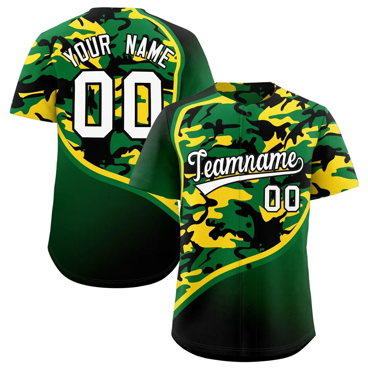 Kelly Green Gold Black Camo Gradient Fashion Baseball Jersey
