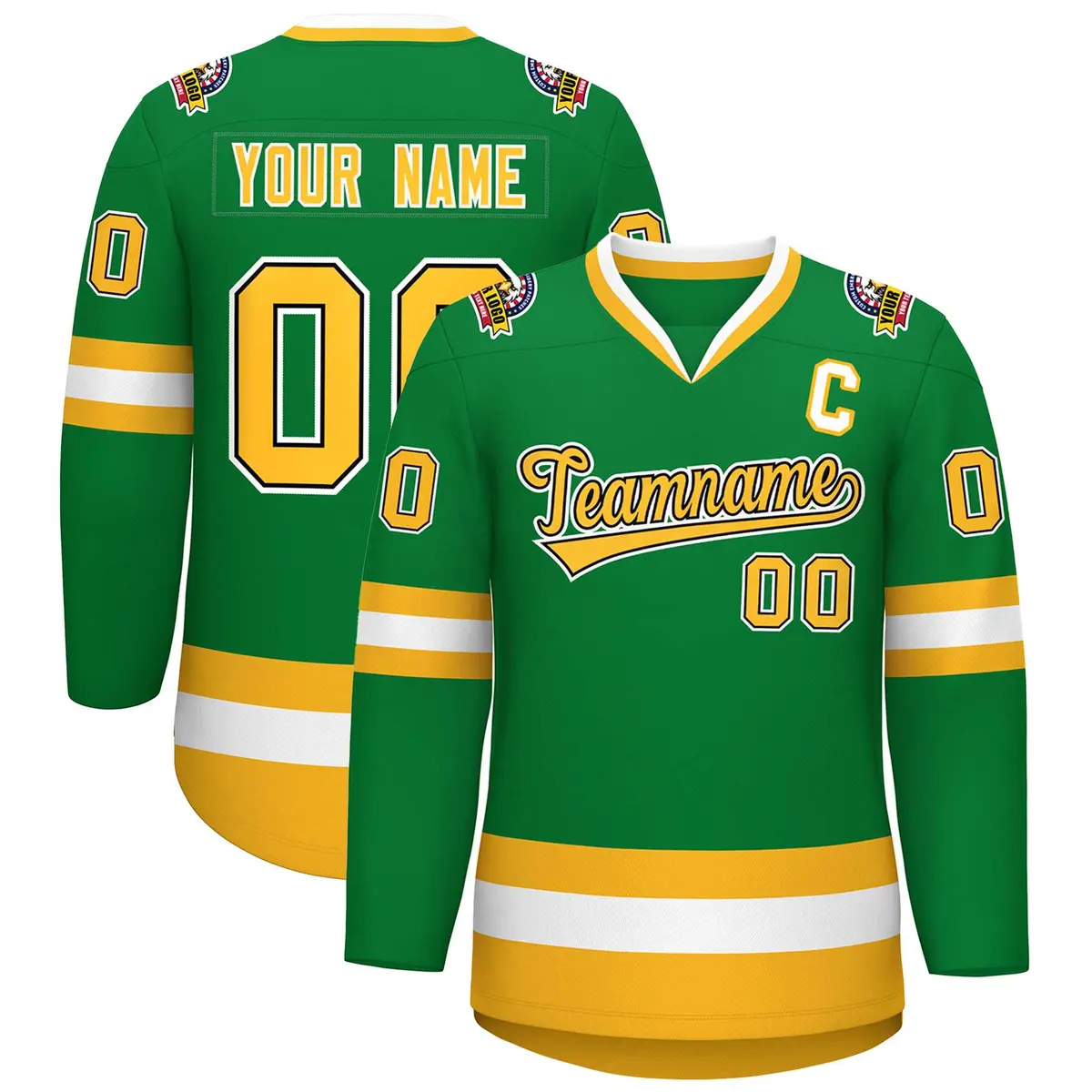 Kelly Green Gold Black-White Classic Style Hockey Jersey