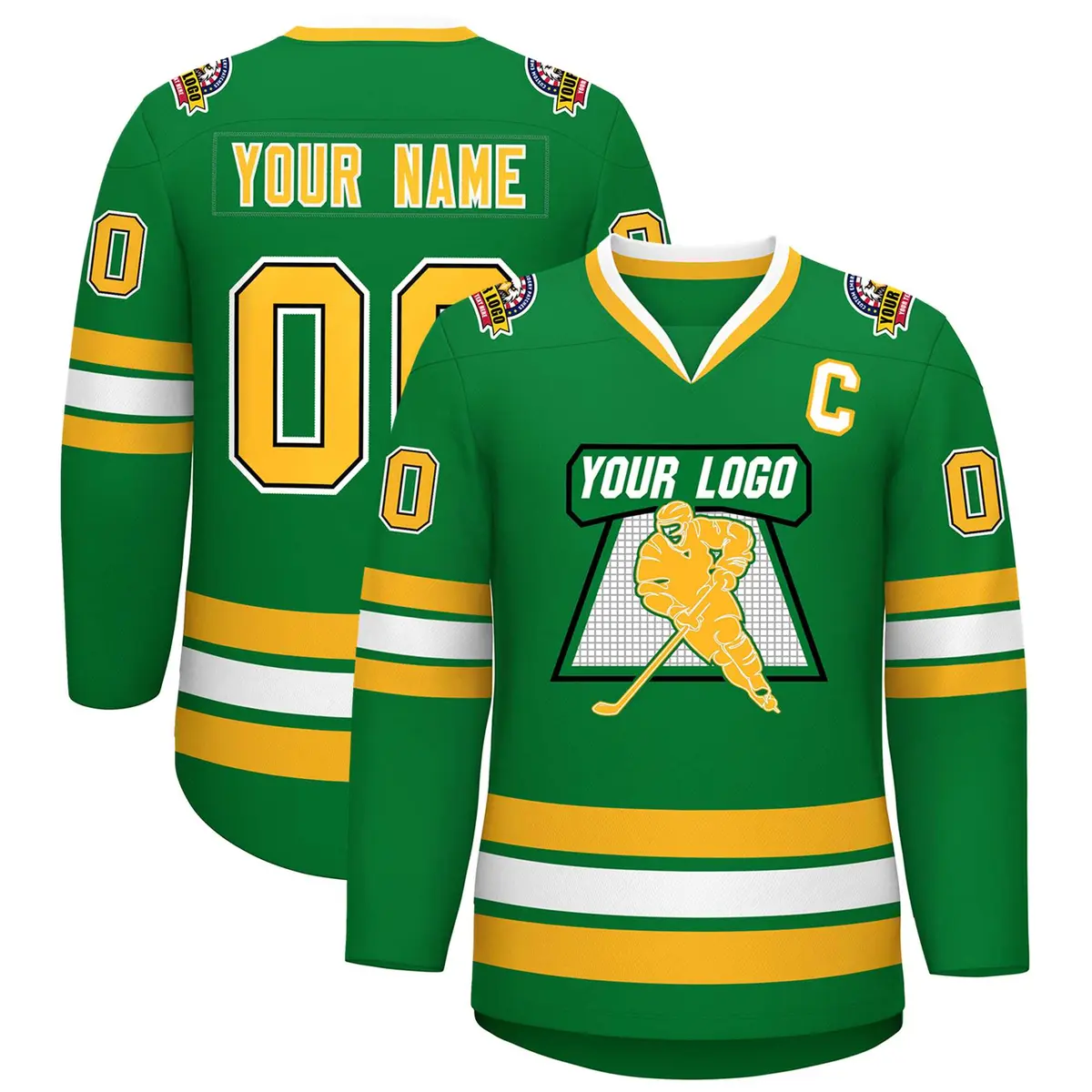 Kelly Green Gold Black-White Classic Style Hockey Jersey