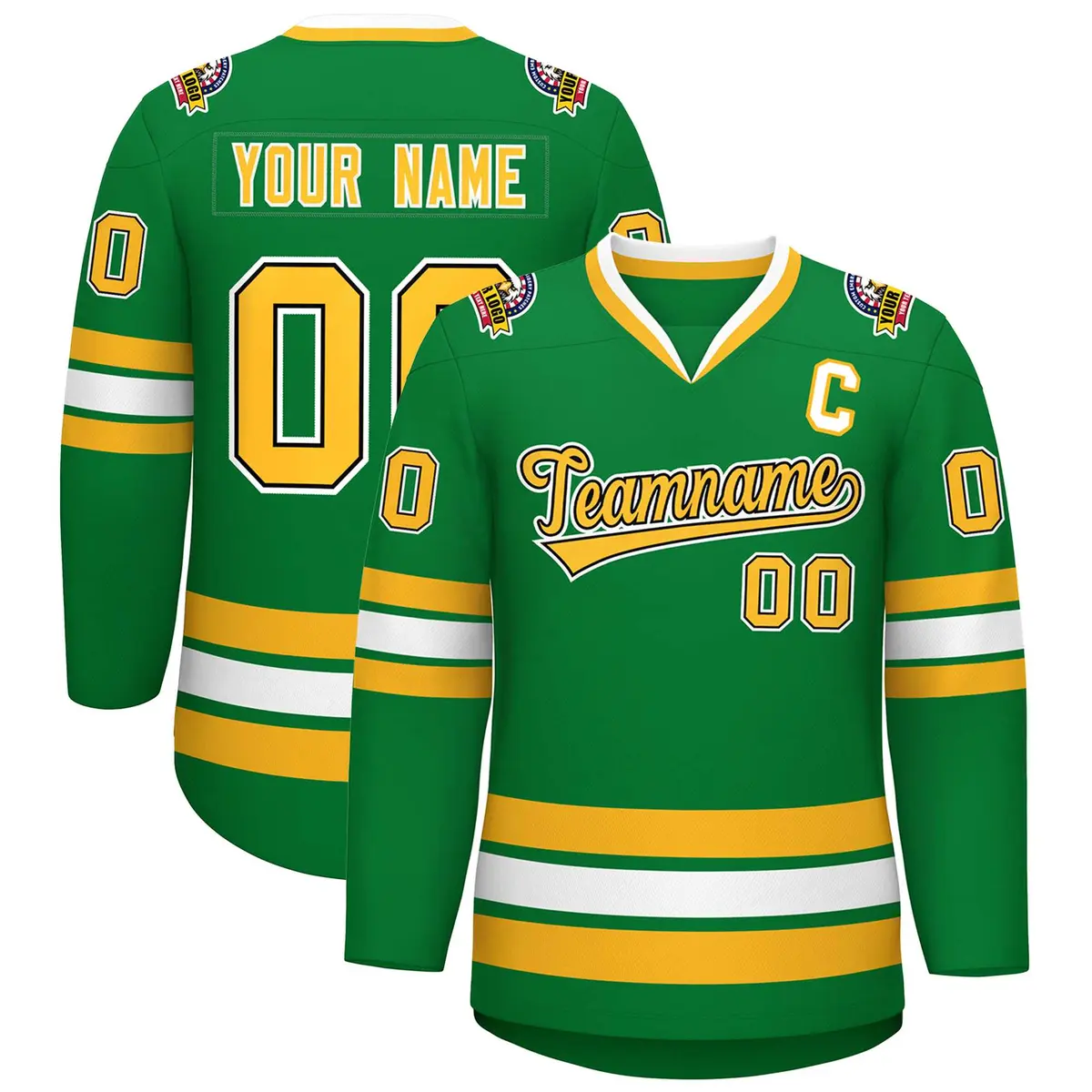 Kelly Green Gold Black-White Classic Style Hockey Jersey
