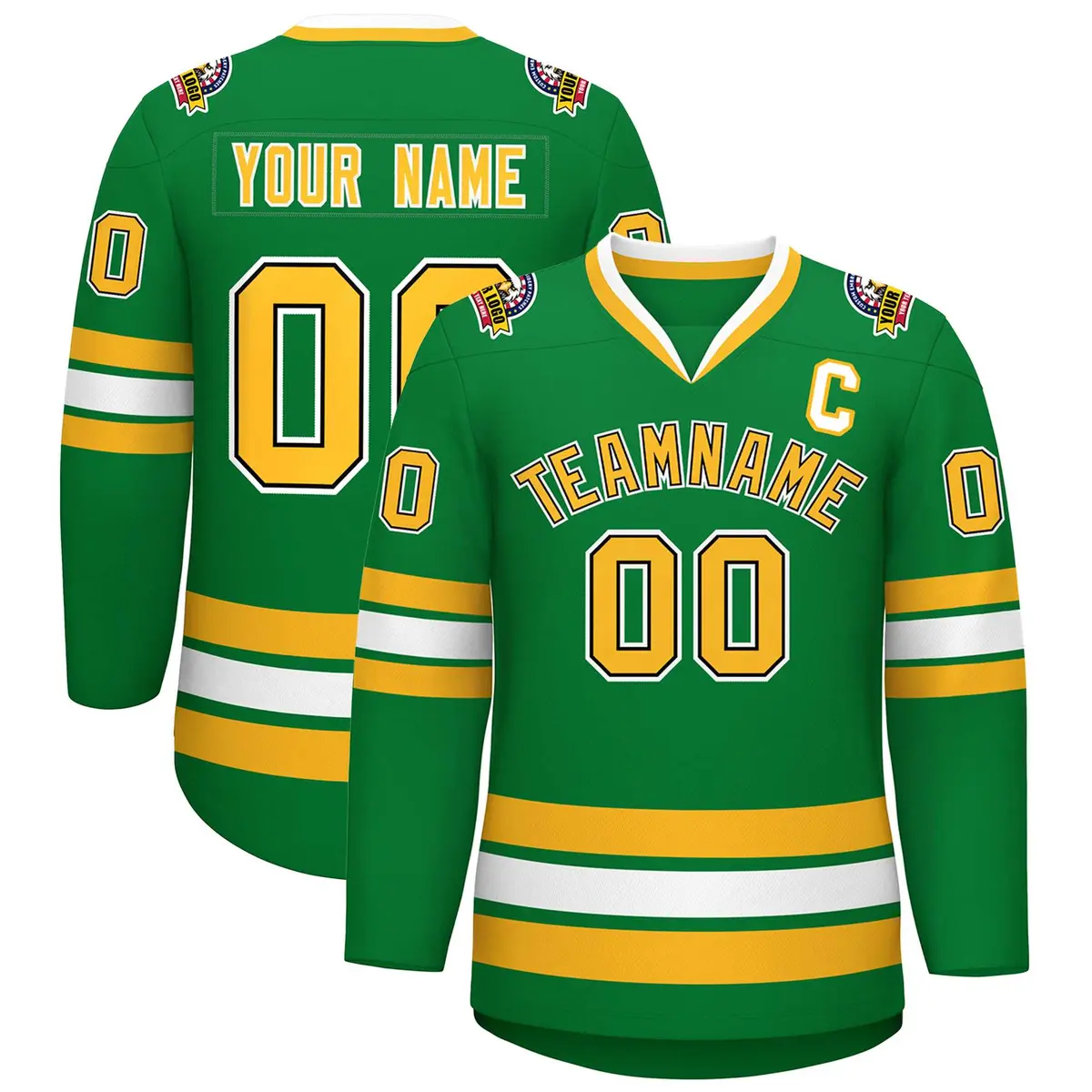 Kelly Green Gold Black-White Classic Style Hockey Jersey