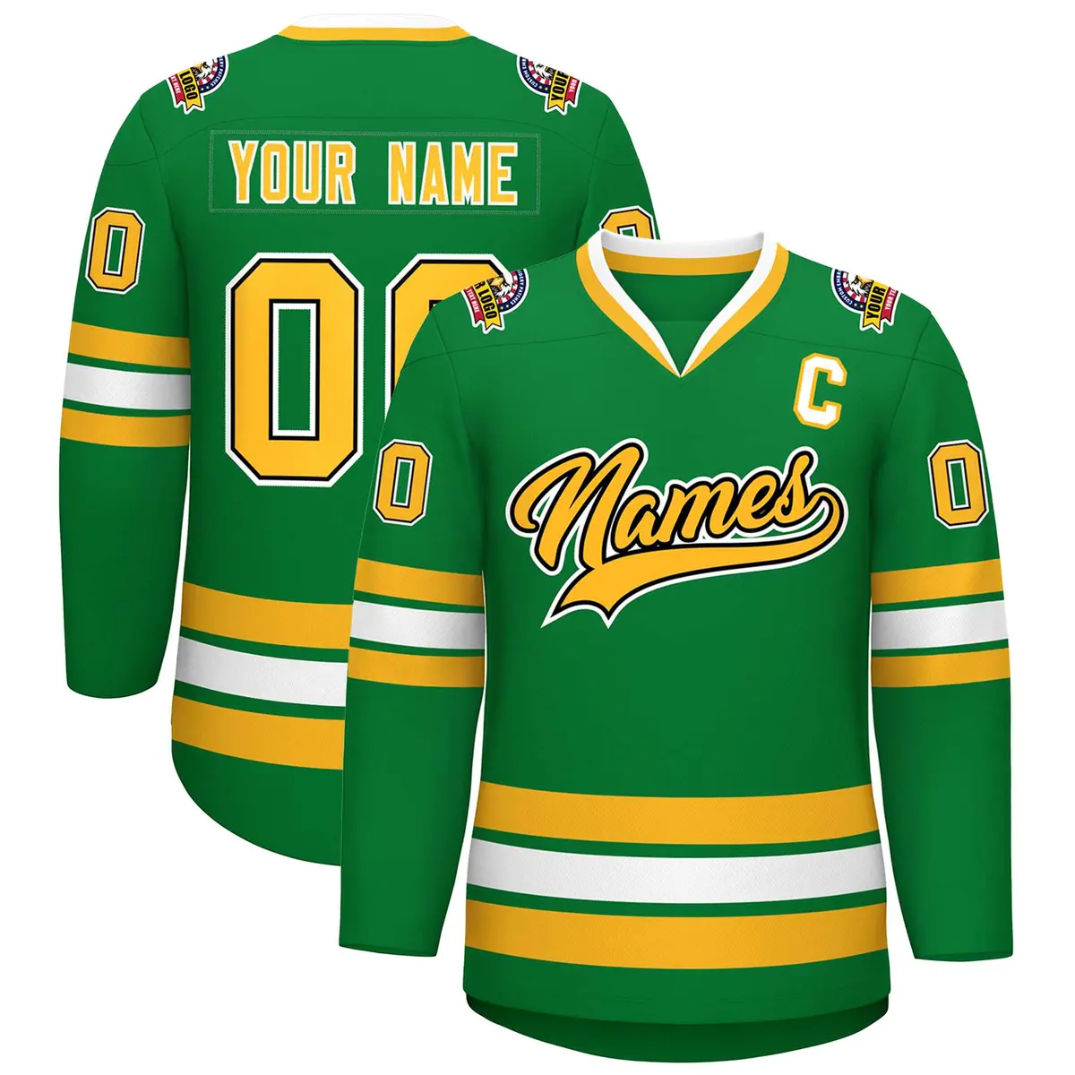 Kelly Green Gold Black-White Classic Style Hockey Jersey