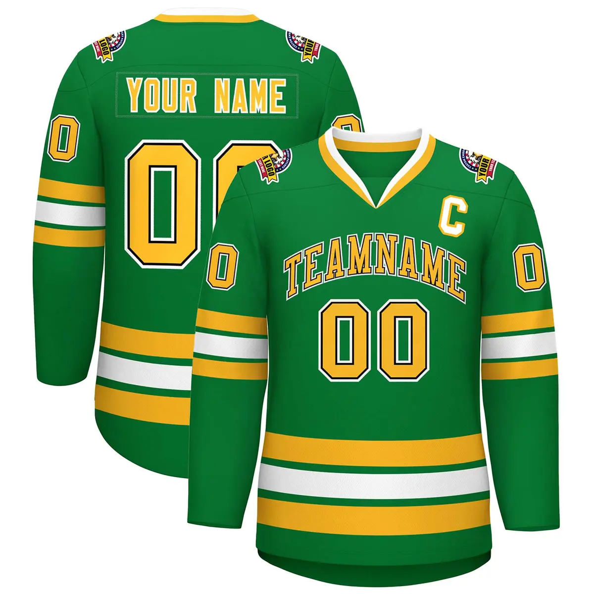 Kelly Green Gold Black-White Classic Style Hockey Jersey