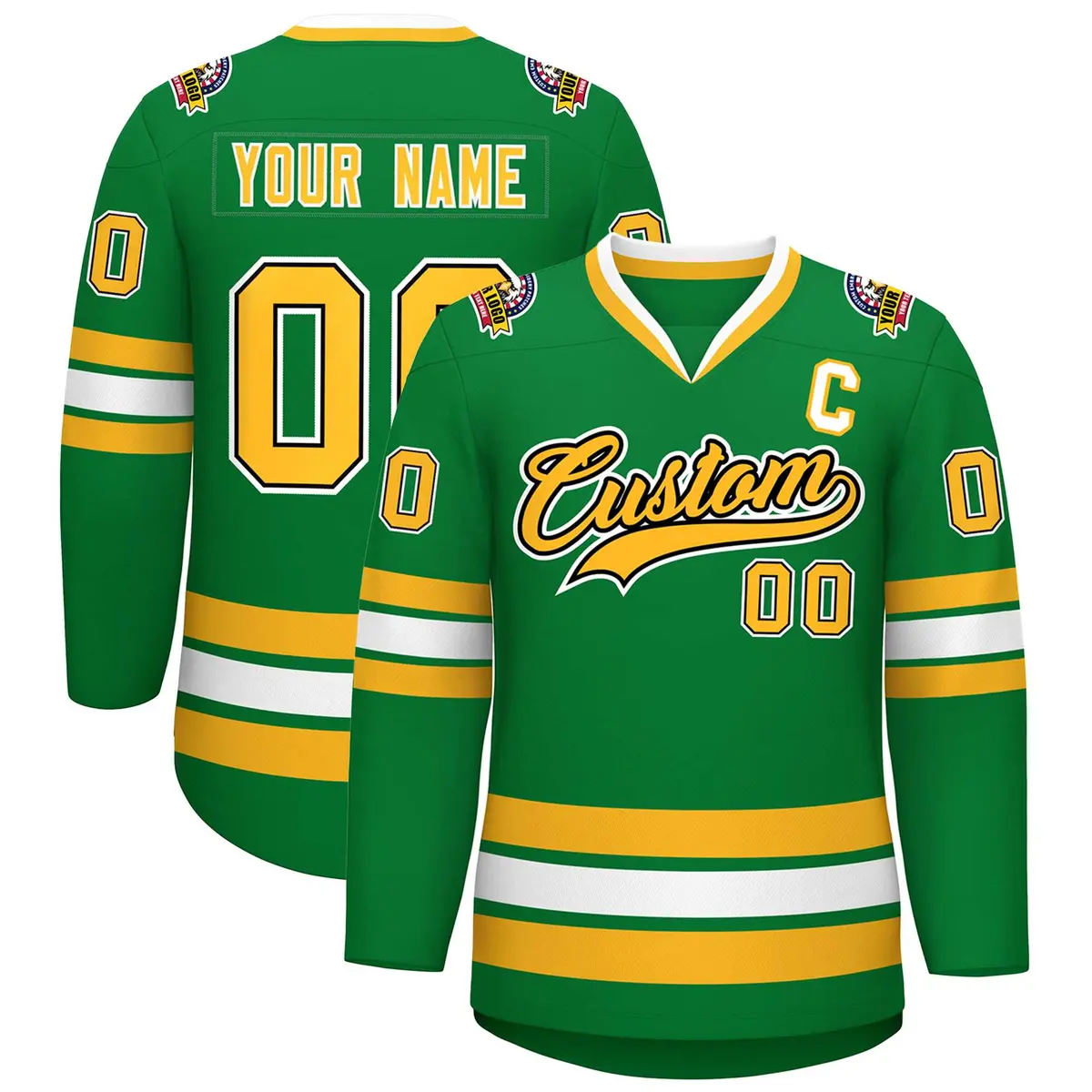 Kelly Green Gold Black-White Classic Style Hockey Jersey