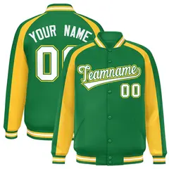 Kelly Green Gold Color Block Raglan Varsity Letterman Jacket