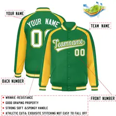 Kelly Green Gold Color Block Raglan Varsity Letterman Jacket 2
