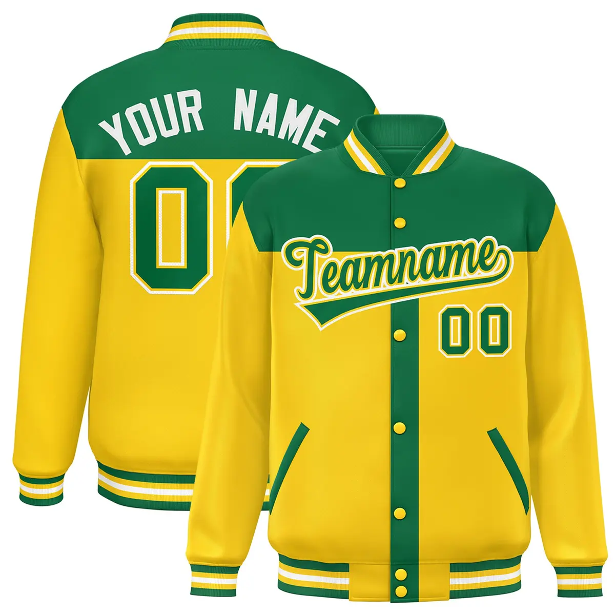 Kelly Green Gold Color Block Varsity Bomber Baseball Jacket