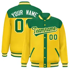 Kelly Green Gold Color Block Varsity Bomber Baseball Jacket