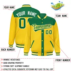 Kelly Green Gold Color Block Varsity Bomber Baseball Jacket 2