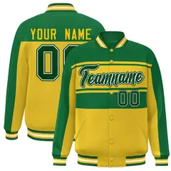 Kelly Green Gold Color Block Varsity Full-Snap Bomber Jacket