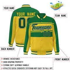 Kelly Green Gold Color Block Varsity Full-Snap Bomber Jacket 2