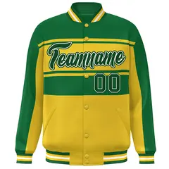 Kelly Green Gold Color Block Varsity Full-Snap Bomber Jacket 3