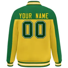 Kelly Green Gold Color Block Varsity Full-Snap Bomber Jacket 4