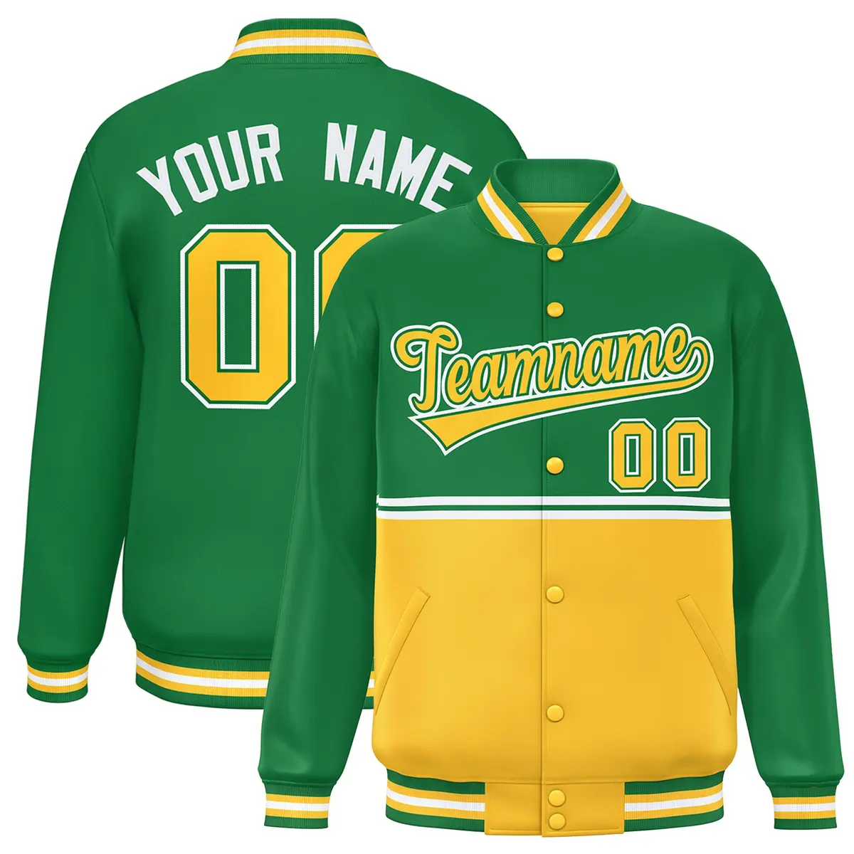Kelly Green Gold Color Block Varsity Full-Snap Letterman Jacket