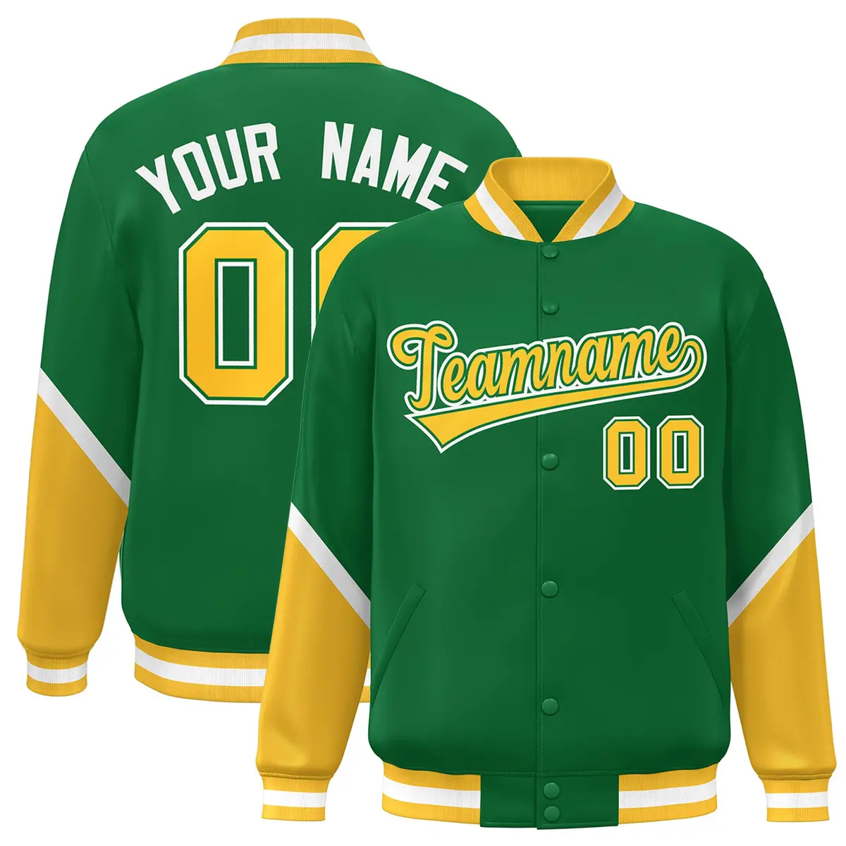 Kelly Green Gold Color Block Varsity Letterman Jacket