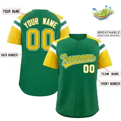 Kelly Green Gold Contrast Raglan Baseball Jersey 2