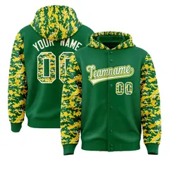 Kelly Green Gold-Cream Camo Raglan Full-Snap Varsity Letterman Hoodie Jacket