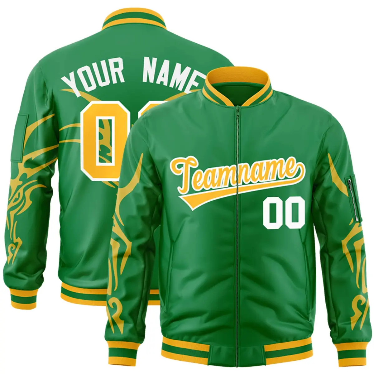 Kelly Green Gold Dragon Head Graffiti Letterman Bomber Jacket