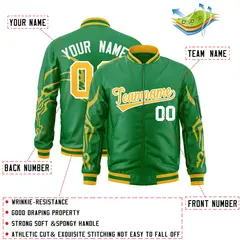 Kelly Green Gold Dragon Head Graffiti Letterman Bomber Jacket 2