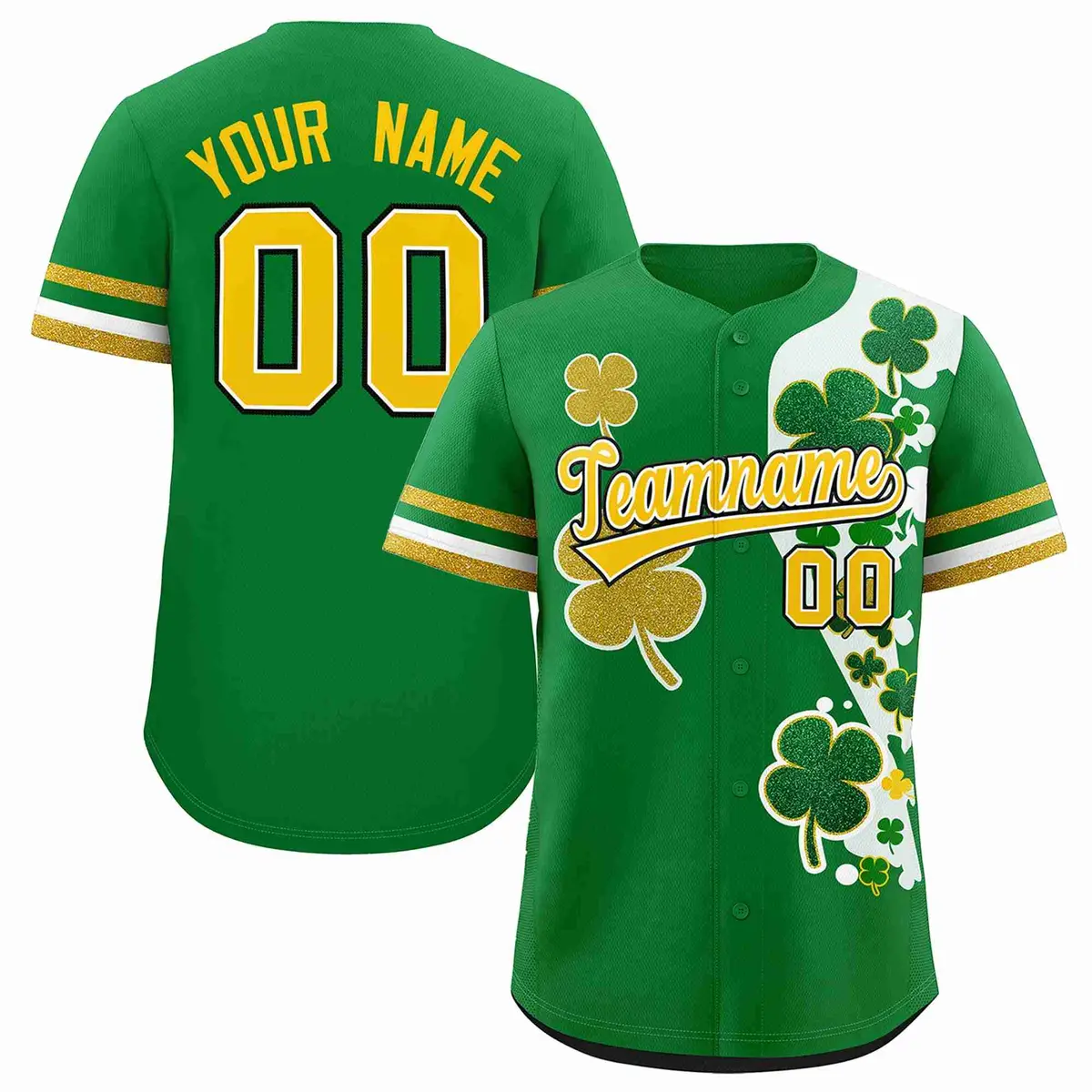 Kelly Green Gold Four Leaf Clover Pattern St. Patrick's Day Baseball Jersey