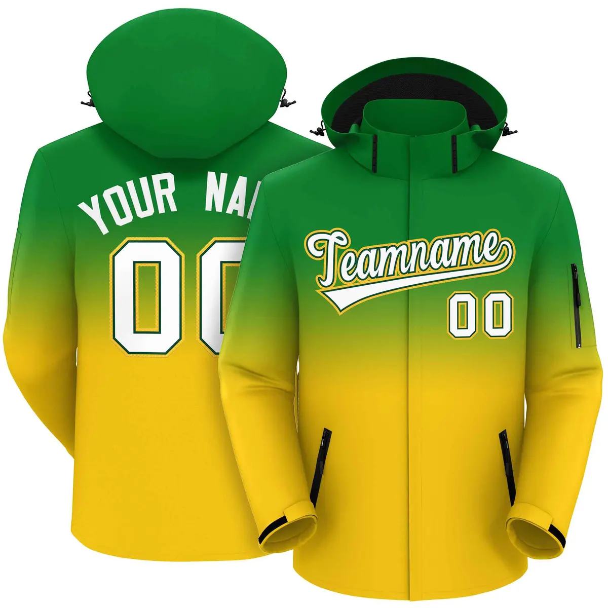 Kelly Green Gold Gradient Hooded Outdoor Waterproof Jacket