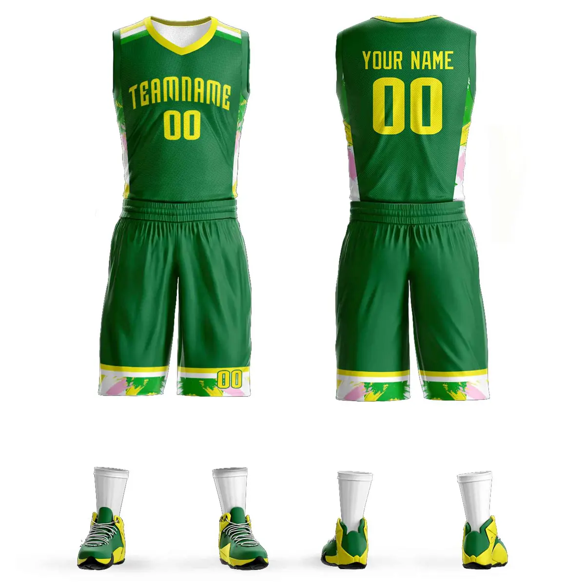 Kelly Green Gold Graffiti Basketball Jersey Set