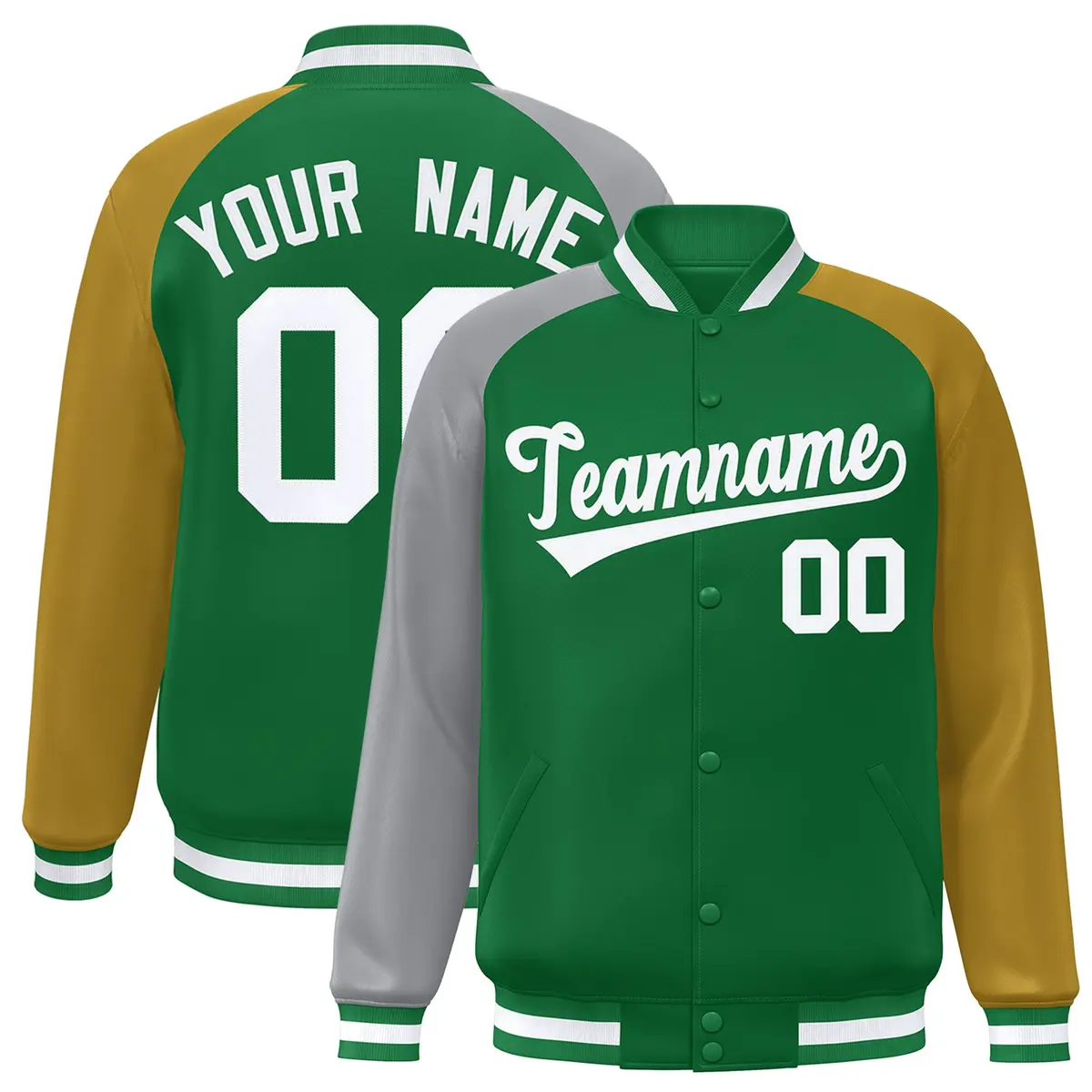 Kelly Green Gold-Gray Varsity Raglan Letterman Bomber Jacket