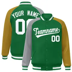 Kelly Green Gold-Gray Varsity Raglan Letterman Bomber Jacket 1