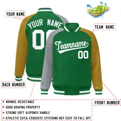 Kelly Green Gold-Gray Varsity Raglan Letterman Bomber Jacket 2