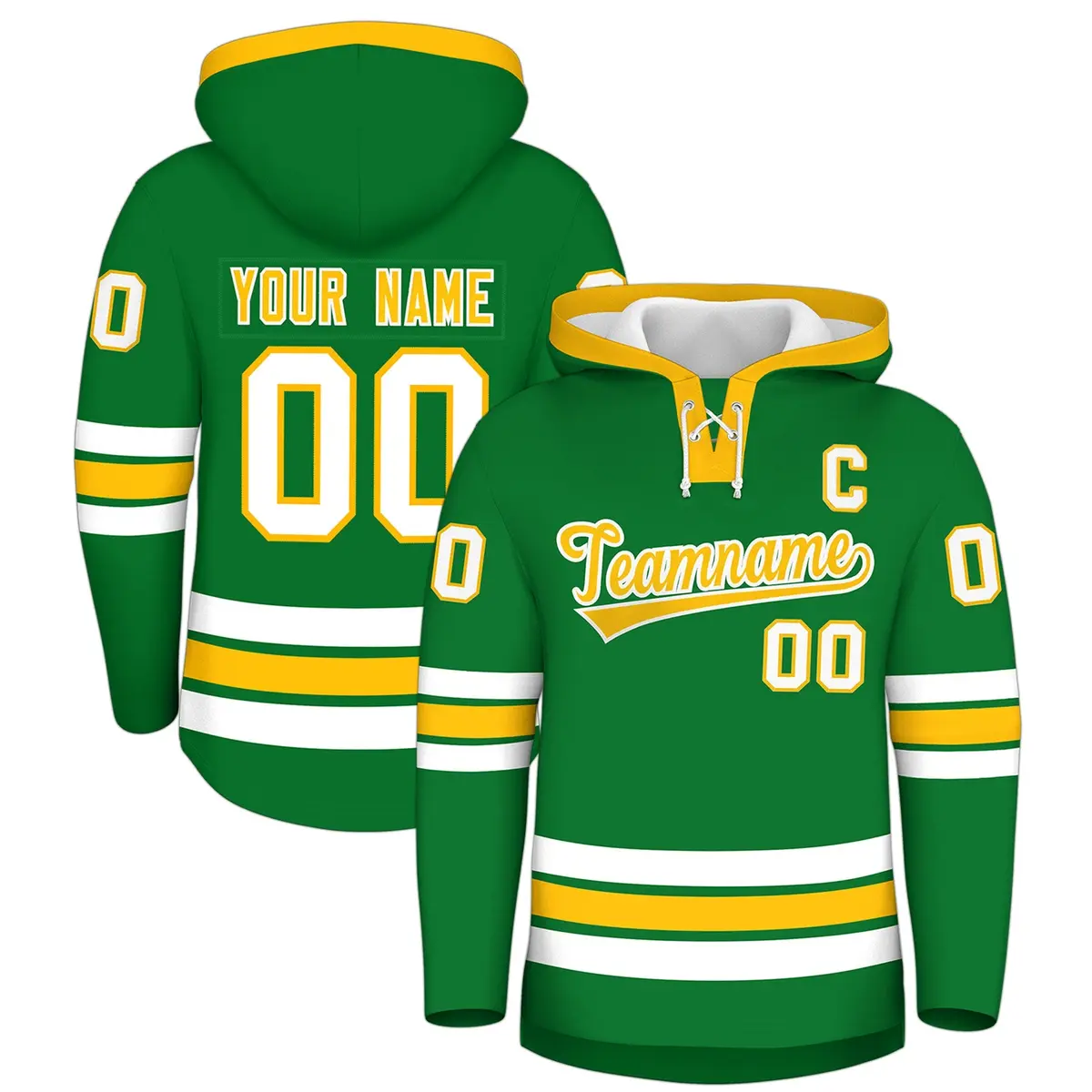 Kelly Green Gold Lace-Up Neck Classic Hockey Hoodie
