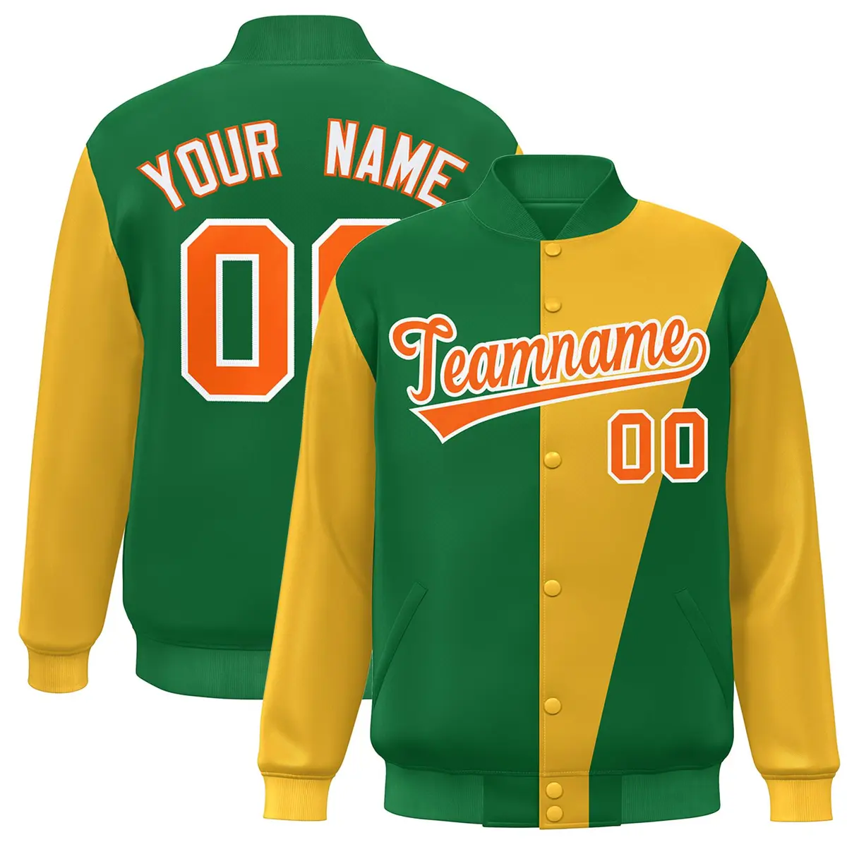 Kelly Green Gold-Orange Color Block Varsity Full-Snap Bomber Jacket