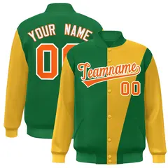Kelly Green Gold-Orange Color Block Varsity Full-Snap Bomber Jacket 1