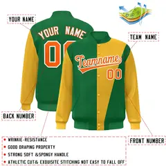 Kelly Green Gold-Orange Color Block Varsity Full-Snap Bomber Jacket 2