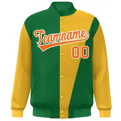 Kelly Green Gold-Orange Color Block Varsity Full-Snap Bomber Jacket 3