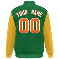 Kelly Green Gold-Orange Color Block Varsity Full-Snap Bomber Jacket 4