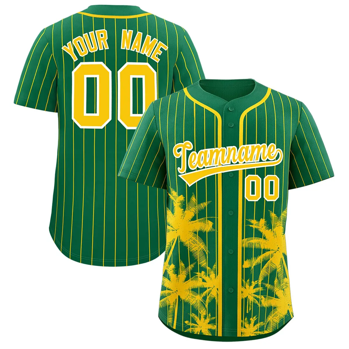 Kelly Green Gold Pinstripe Coconut Tree Baseball Jersey