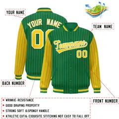 Kelly Green Gold Pinstripe Raglan Full-Snap Letterman Baseball Jacket 2