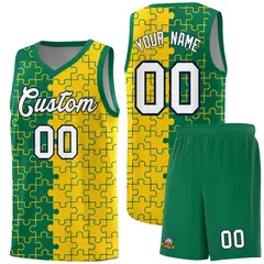 Kelly Green Gold Puzzle Pattern Splid Basketball Kits 1