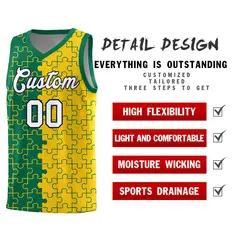 Kelly Green Gold Puzzle Pattern Splid Basketball Kits 2
